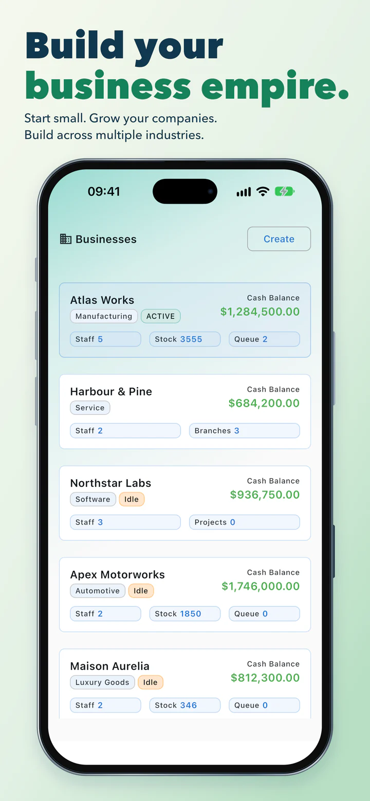 Biz Empire showing a portfolio of businesses and their cash balances