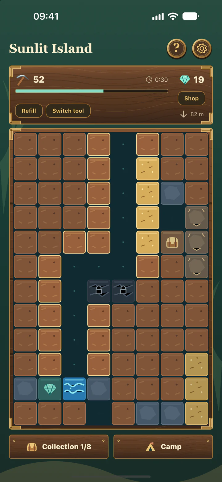 Buried Treasure on iPhone, digging through Sunlit Island with sand, gems and buried relics