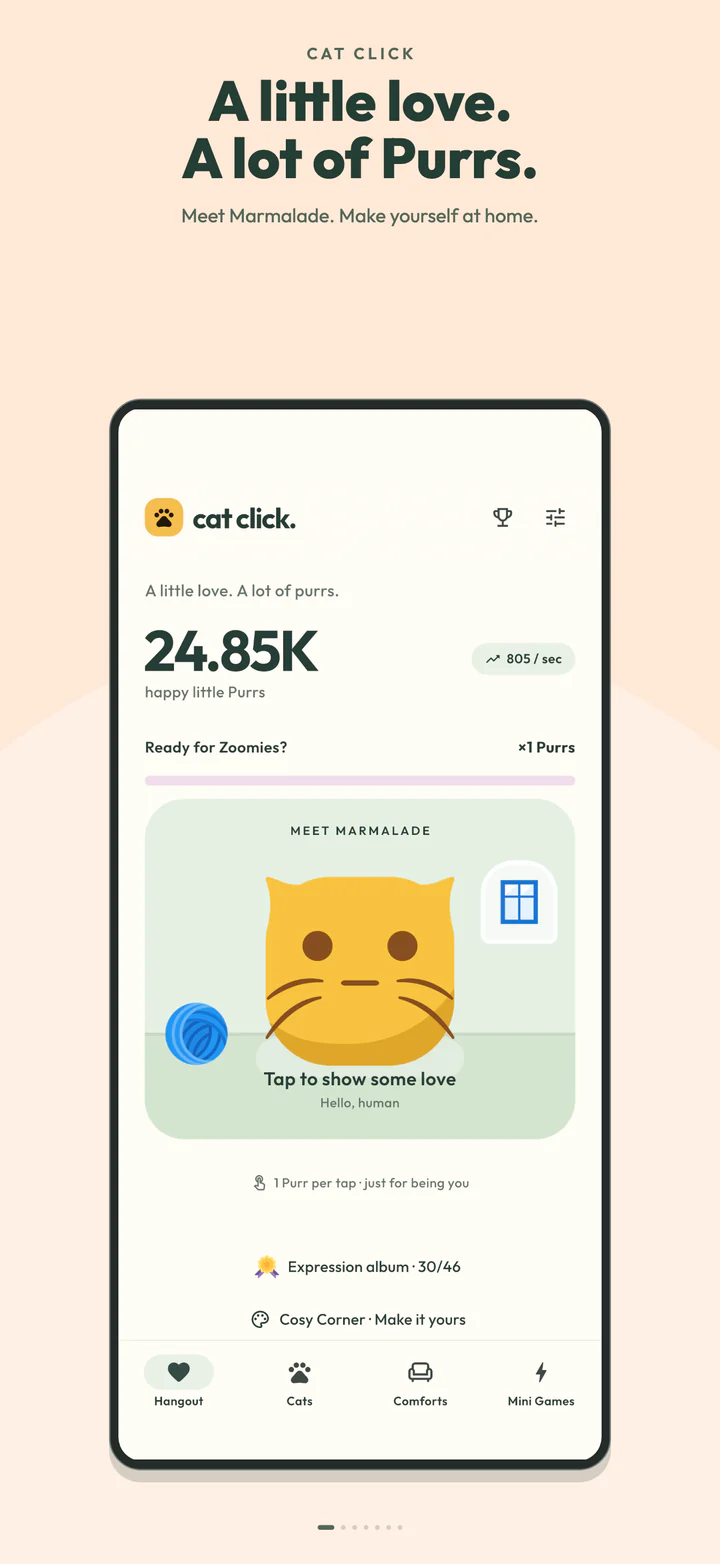 Cat Click on iPhone, with Marmalade in the cosy Hangout and Purrs ready to earn