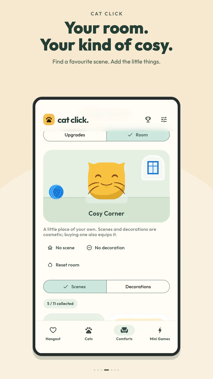 Cat Click on Android, choosing cosy furniture and decorations for the Hangout