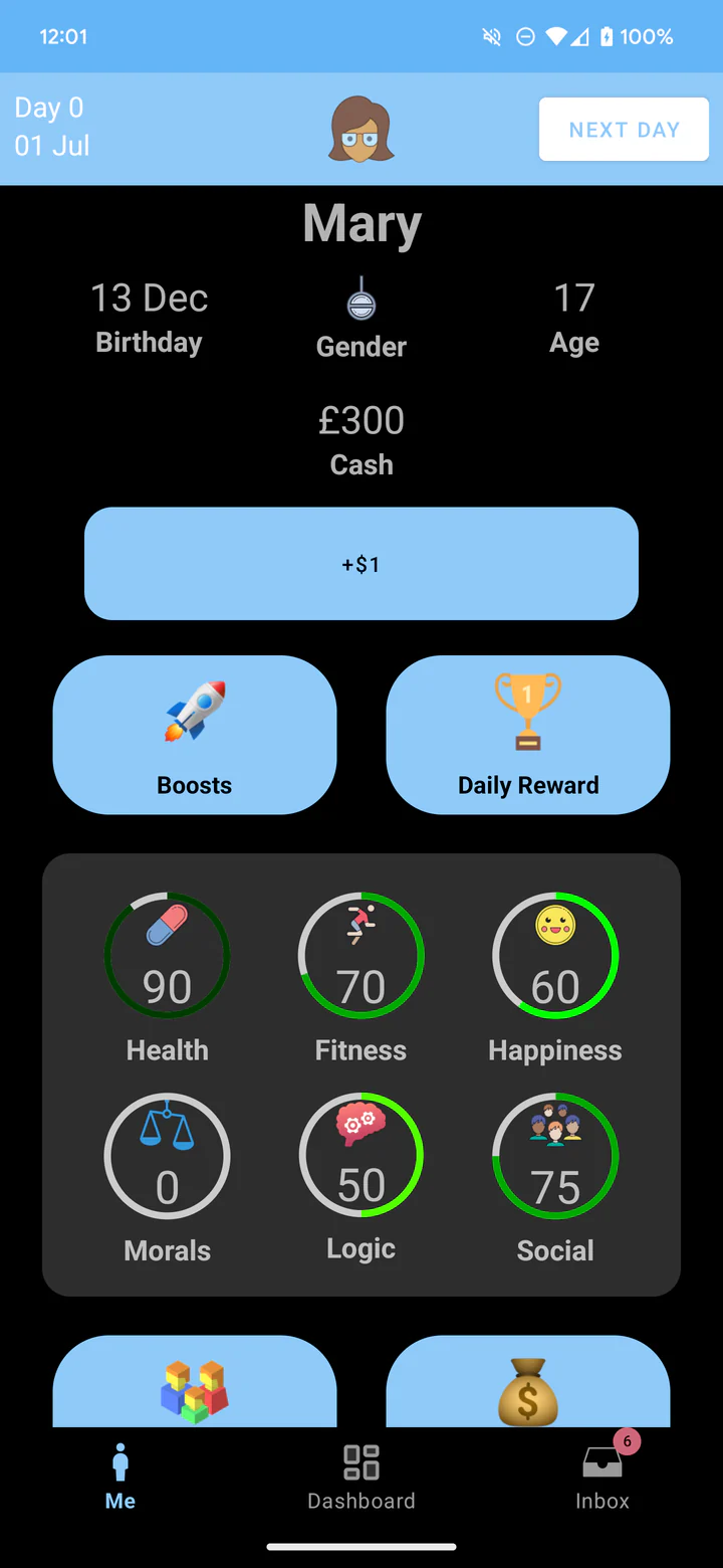 Life Sim Idle showing a character's profile and life statistics