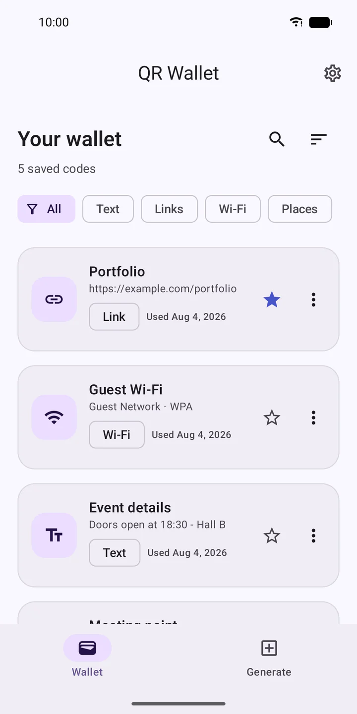 QR Wallet with a collection of saved QR codes