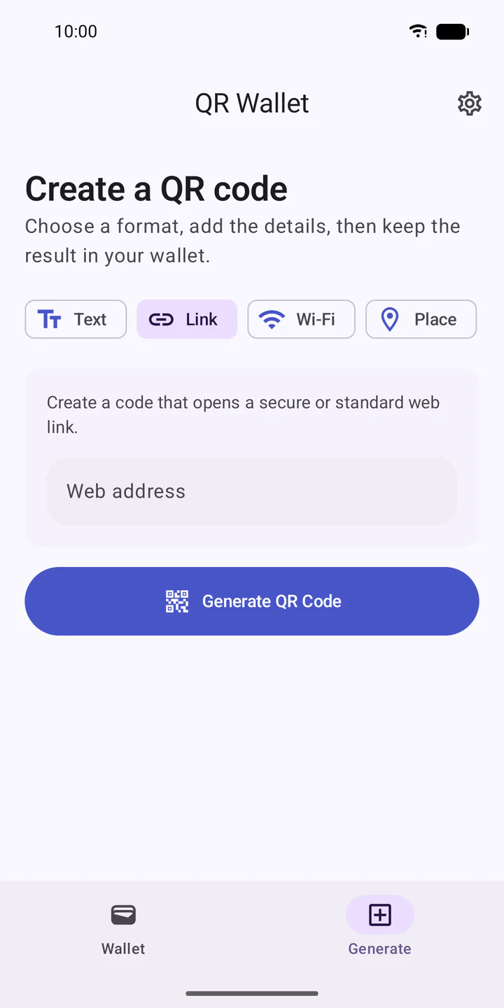 QR Wallet form for creating a link QR code