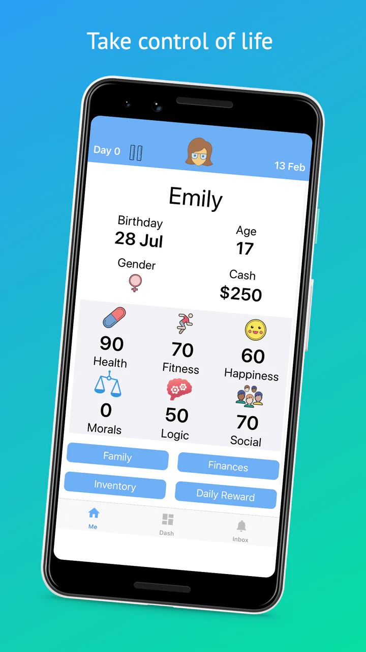 Real Life Sim showing a character's profile, money and life statistics