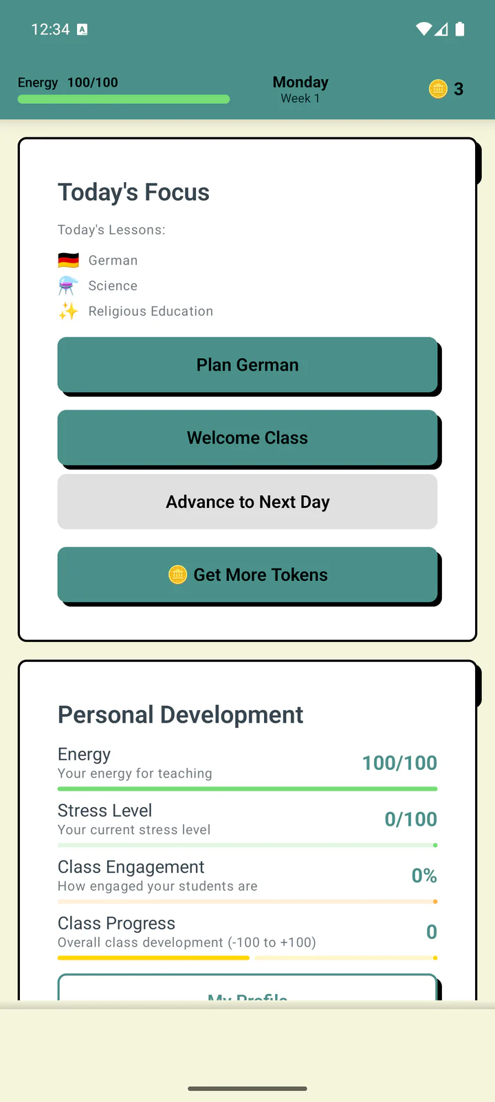 Teacher Life showing today's lessons and the teacher's personal development