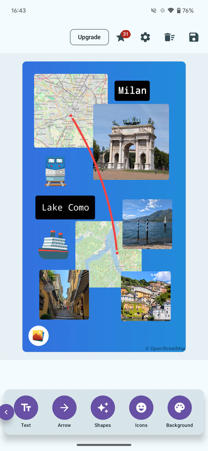 Travel Stories editing a photo and map collage of Milan and Lake Como