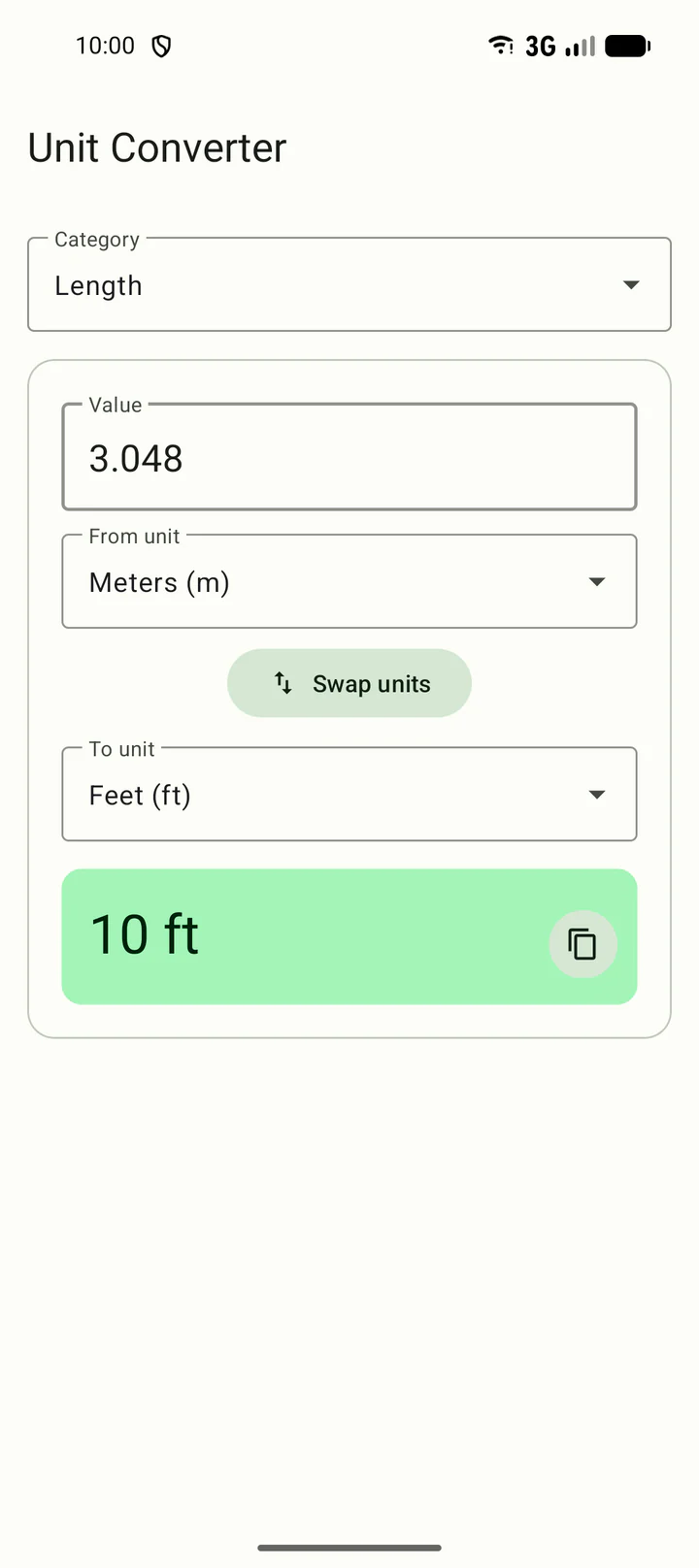 Easy Unit Converter converting 3.048 metres into 10 feet