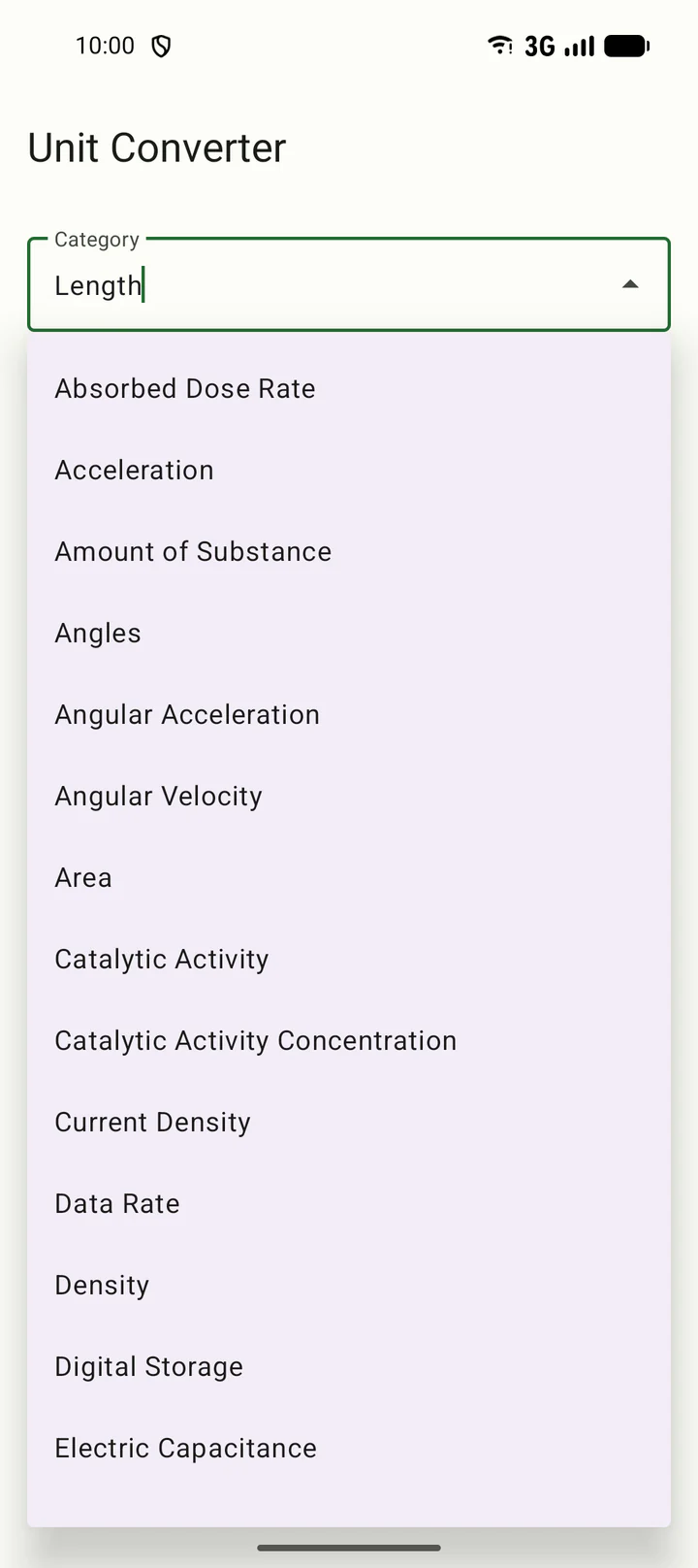 Easy Unit Converter displaying its measurement categories